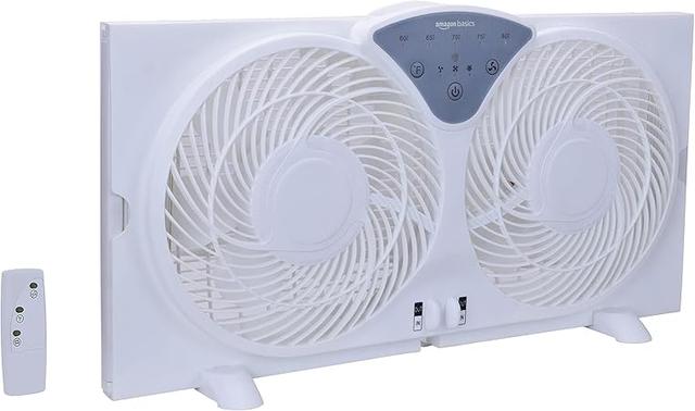 Amazon Basics Digital Window Fan with Twin 9 Inch Reversible Airflow Blades and Remote Control, White